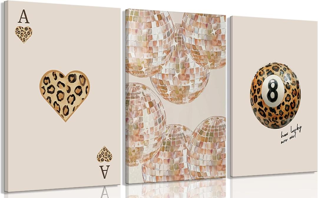 3Pcs Trendy Leopard Disco Ball Canvas Wall Art Preppy Ace Cards Poster Prints Leopard 8 Ball Wall Decor pictures Stylish Lucky Printings Artwork for Women Bedroom Living Room Bathroom Decoration (16L"x12W")