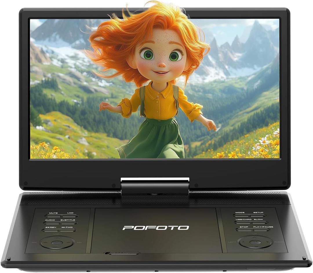 POFOTO 15.7" Portable DVD Player with 14.1" HD Swivel Screen, 6-Hour Rechargeable Battery, Dual Speakers, USB/SD/TV Sync, Supports Multiple Disc Formats, Black [Not Support Blu-Ray]