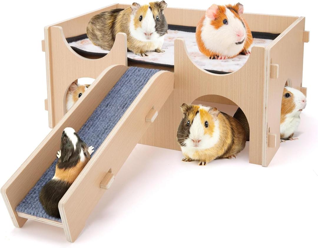 HOOTO Guinea Pigs Hideout Wooden House with Ramp, Castle for Bunny Hamsters Chinchillas Playing, Hiding