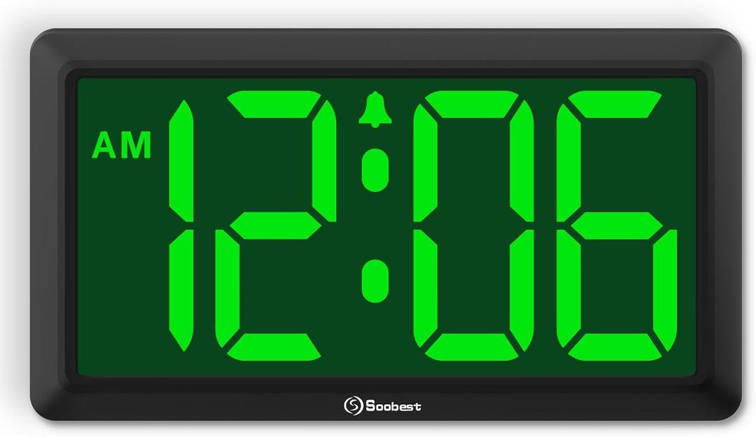 Soobest 9.5 Inch Large Digital Wall Clock Battery Operated, Auto & Manual Dimmer Display, Easy to Read Big Digits with Alarm for Seniors, Modern Decor for Living Room, Bedroom, Office (3.2" Numbers) (Green)