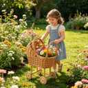 Vintage Wicker Stroller-Style Flower Basket with Wheels,Woven Rattan Stroller Shaped Flower Basket,Perfect for Wedding Party Flower Decorations and Gifts for New Parents