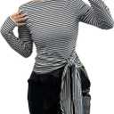 Women's Striped Knot Front T Shirt Long Sleeve Boat Neck Tee Tops Slim Fit Elegant Top