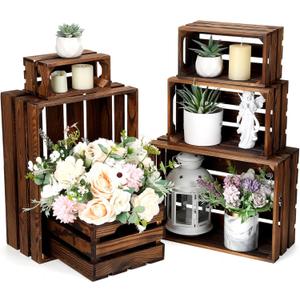 CroBlissful 6 Pcs Decorative Wood Crates for Storage Display Rustic Nesting Crates with Handle Farmhouse Wooden Storage Container Boxes for Wedding Baby Shower Birthday Party(Vintage Brown)