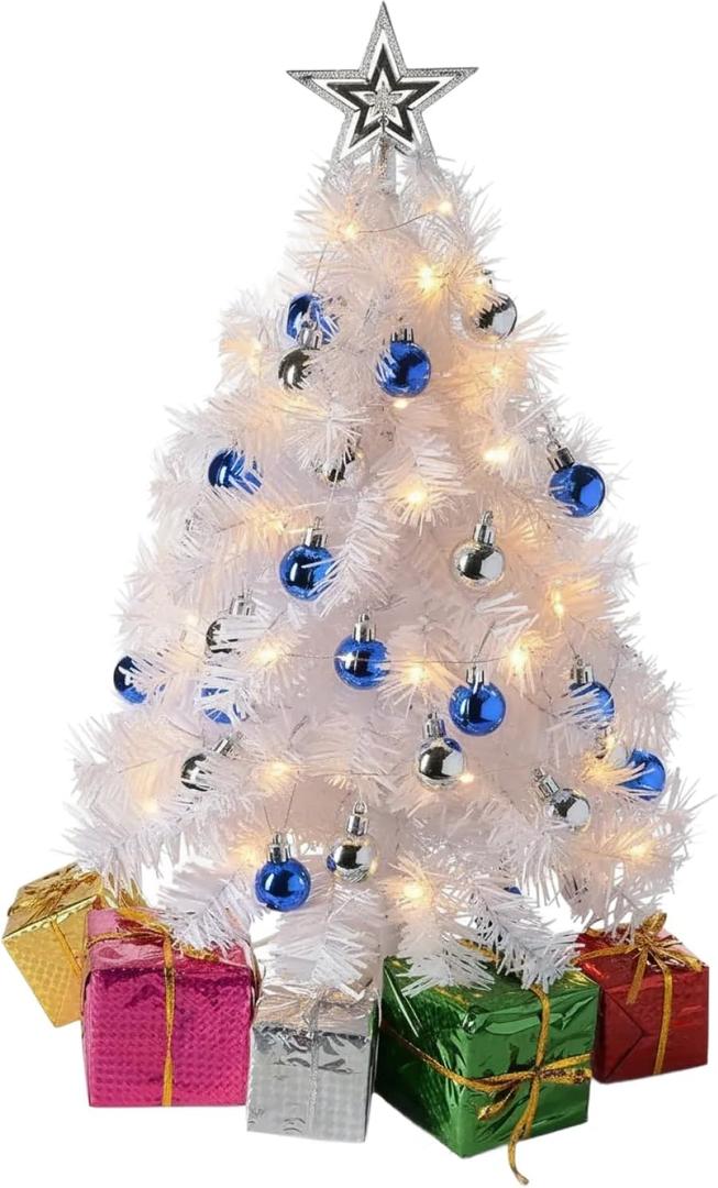 PREXTEX Mini White Christmas Tree with Lights - 23 Inch Small Christmas Tree with Warm White LED Lights, Star Topper, Ornaments, and Gift Boxes - Tabletop Holiday Decor for Indoor and Outdoor Display