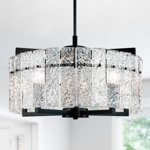 Modern Black Crystal Chandeliers for Dining Room, Luxury Water Ripple Glass Light Fixture, Elegant Farmhouse Round Lighting for Kitchen Island, Bar Table, D20, Medium