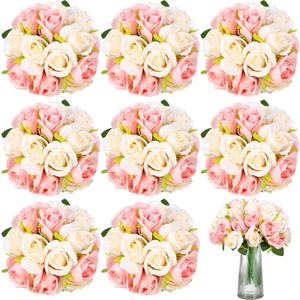 Tigeen 96 Heads 8 Bouquets Artificial Rose Flowers Bouquet Flower Roses with Stems Fake Roses Wedding Floral Arrangements Centerpiece for Home Table Bridal Party Decor, Champagne and Pink