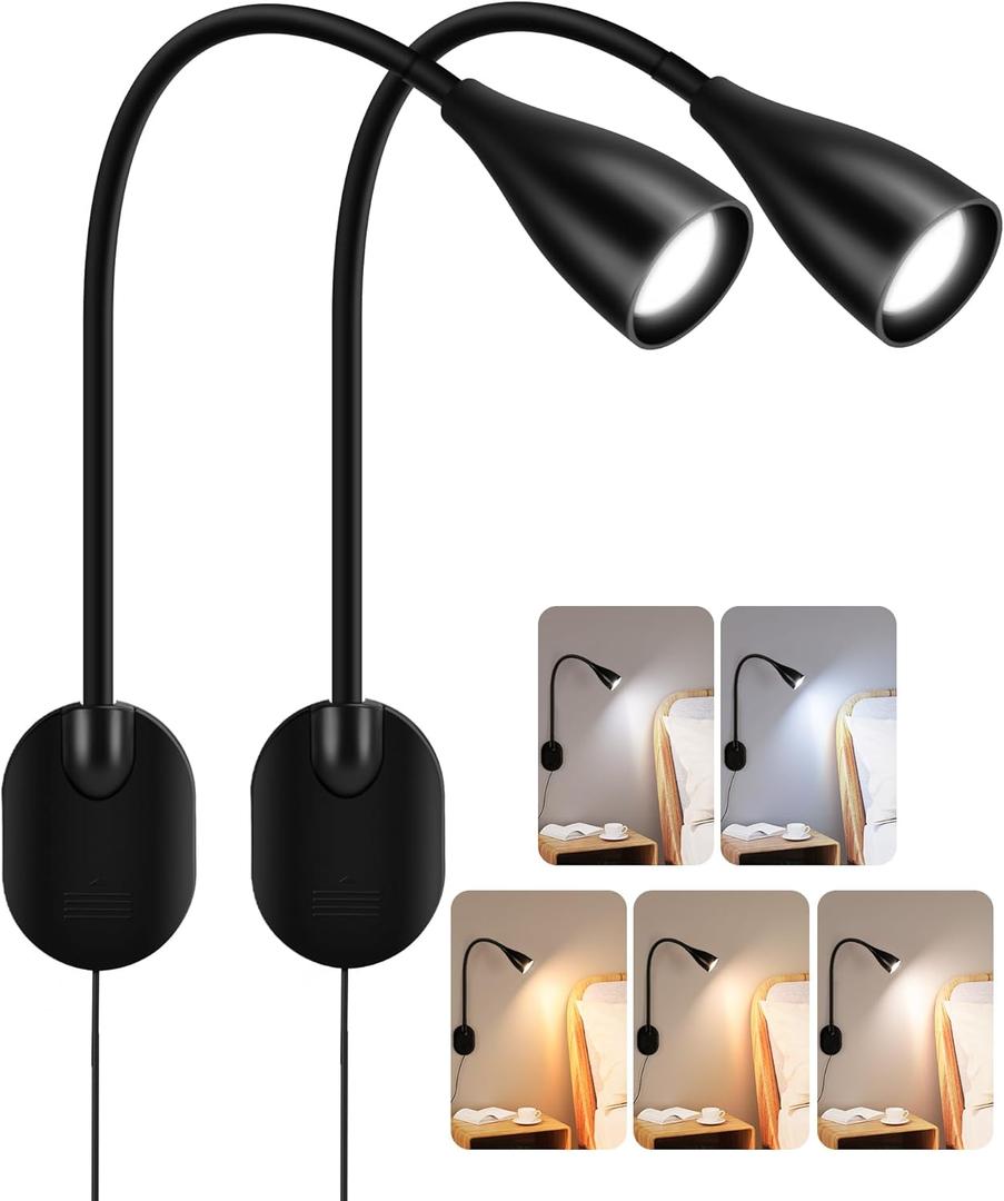 Wall-Mounted LED Bedside Reading Light with USB Charging Port, 10-Level Dimmable & Adjustable 5 Color, Plug-in Adhesive Night Lamp for Books in Bed, Eye-Caring Bedroom Lighting (Black 2 Pack)