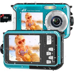 4K Underwater Camera 16FT Waterproof Camera with 32GB Card 64MP Autofocus Dual-Screen Selfie Underwater Camera for Snorkeling Waterproof Compact Floatable Digital Camera 1250mAh Battery Type-C (Blue)