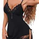 Avidlove Night Gowns for Women Babydoll Lingerie Dress Lace Trim Sleepwear Chemise Nightgowns Side Split Nighty (Large, Black)