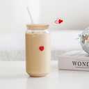 2 x Coquette Aesthetic Glass Can Cup with Bamboo Lid and Straw, 16oz Cute Red Heart Travel Tumbler, Iced Coffee Matcha Smoothie Cup, Trendy Stuff Gifts for Women, Girl Gifts