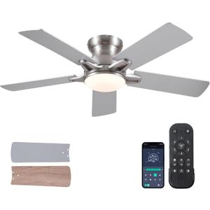 Flush Mount Ceiling Fans with Lights Remote/APP Control, Modern Ceiling Fan Light with Timer Setting and Silent Motor, Low Porfile Reversible Fan Light for Indoor/Outdoor Use (48IN, Nickel)