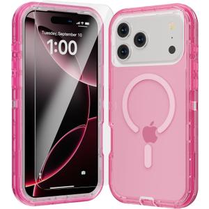 for iPhone 17 Pro Max Case, Fits Magsafe,Heavy Duty Shockproof Protection Phone Cases with Screen Protector*1, Magnetic Transparent Protective Cover for iPhone 17 ProMax 6.9 '', Pink