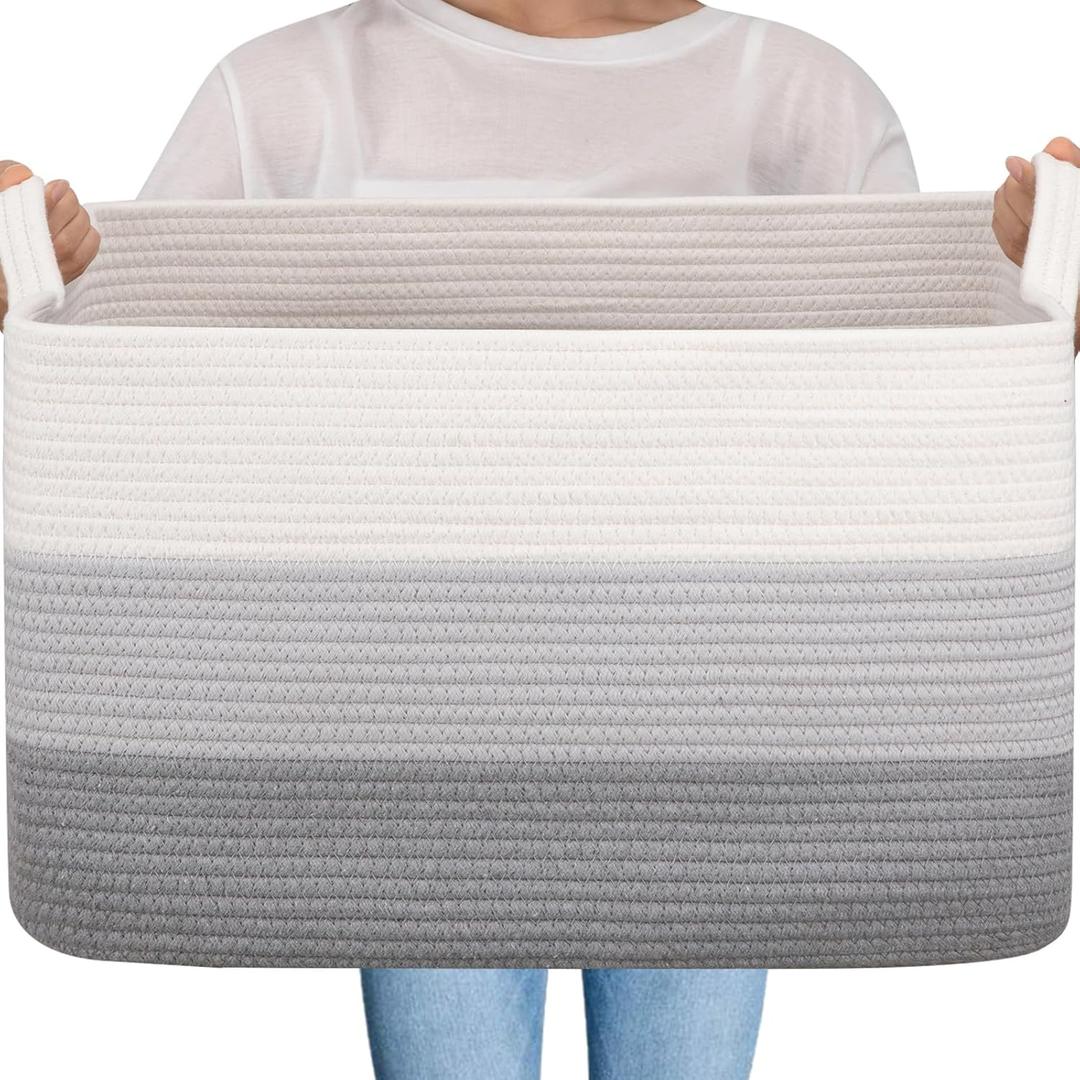 OIAHOMY Large Blanket Basket, 65L Cotton Rope Woven Laundry Basket, Toy Bin for Baby Room, Container for Blanket Storage in Living Room, 20''16''12'', Gradient Grey