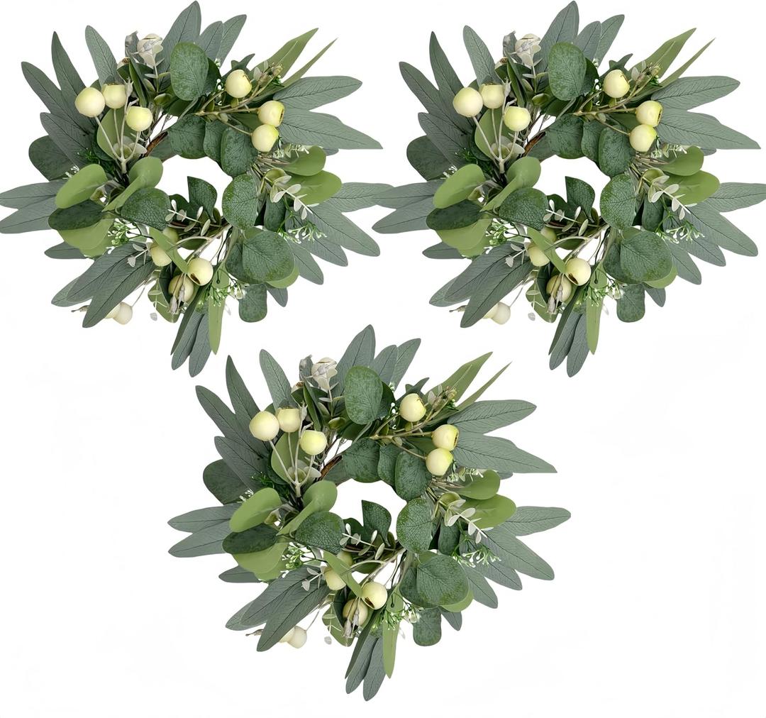 Artificial Summer Eucalyptus Wreath With Berries - 10 Inch Faux Cabinet Greenery for Front Door, Farmhouse Decor for All Seasons Indoor Outdoor Home, 3Pcs Big Berries