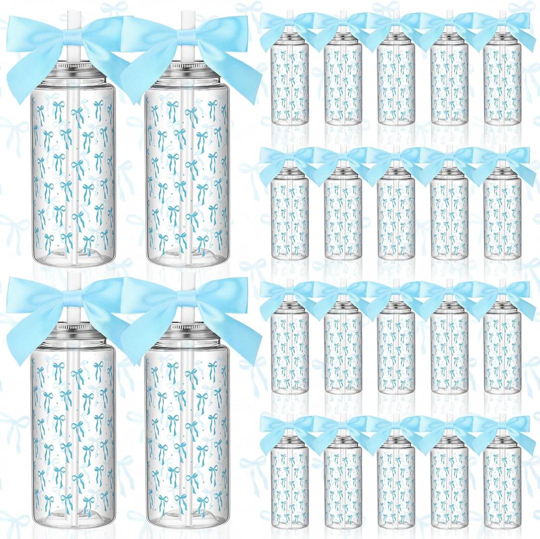 Blue 24 Pcs Bow Gift Cups Bulk for Women Girls Birthday Party Favors Supplies 14 oz Reusable Plastic Tumbler Cup with Lids Straws Pastel Coquette Bow Gifts Cups for Party Decorations