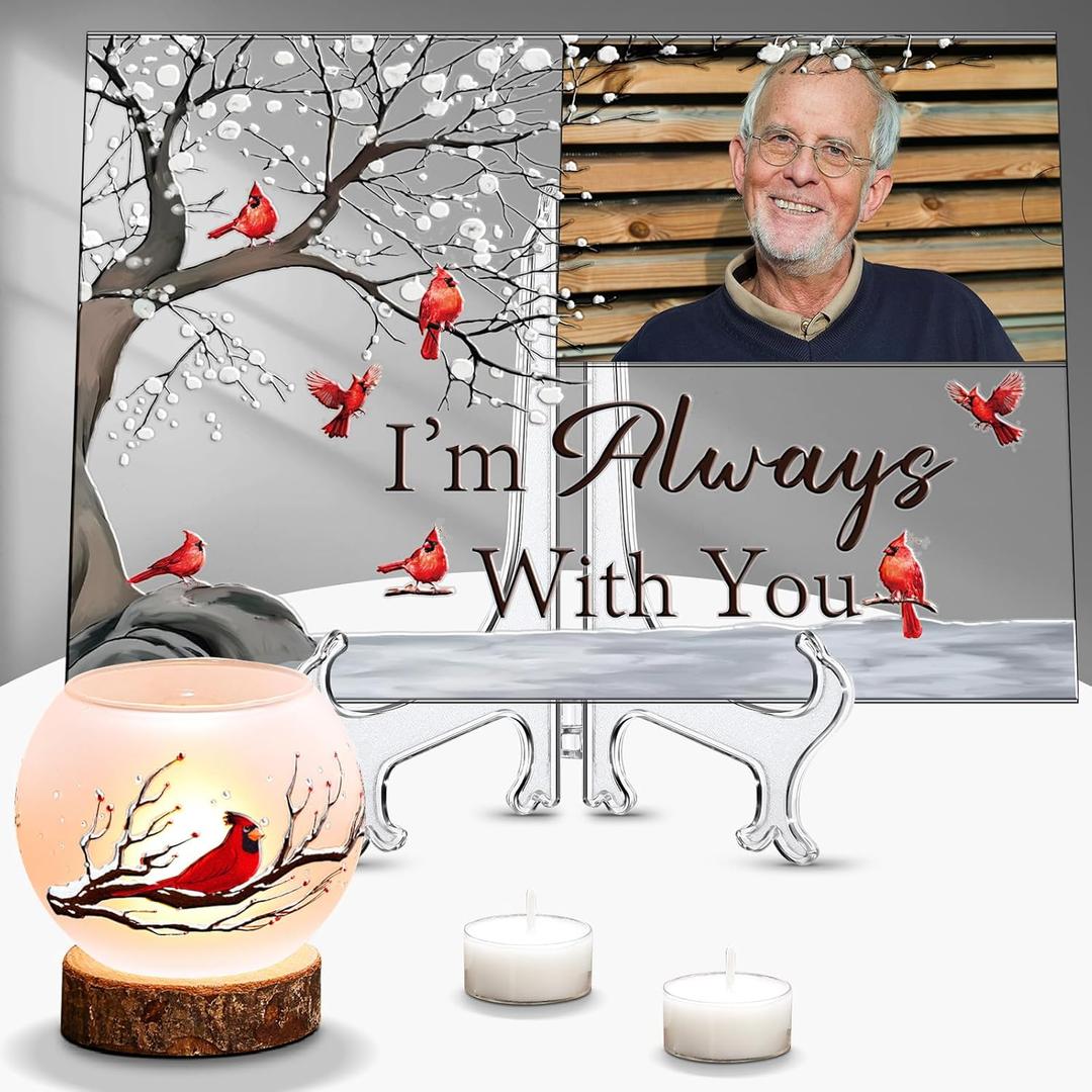 Yousoontic 6 Pcs Red Cardinal Memorial Bereavement Gifts Sympathy Gift for Loss of Loved One Red Bird Candle Holder with Candles Cardinal Picture Frame for Loss of Mom Father Remembrance