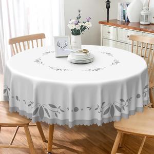 TTQYFNM White Grey Round Tablecloth 54 Inch Minimalism Grey Leaves Bordered Farmhouse Circle Table Cloth Waterproof and Stain Resistant Fabric Table Cover for Kitchen Dining Room Patio Home Decor