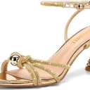 FINDVELL Women's Kitten Heels Rhinestone Pearl Low Heel Sandals Strappy Sparkly Round Open Toe Ankle Strap Wedding Party Dress Shoes, 8