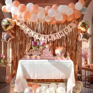Rose Gold Birthday Decorations for Women - Happy Birthday Decorations Kit, Girls Party Supplies Includes Curtains, Balloons, Banner, Tablecloth, Cake Toppers, and More for a Chic Celebration
