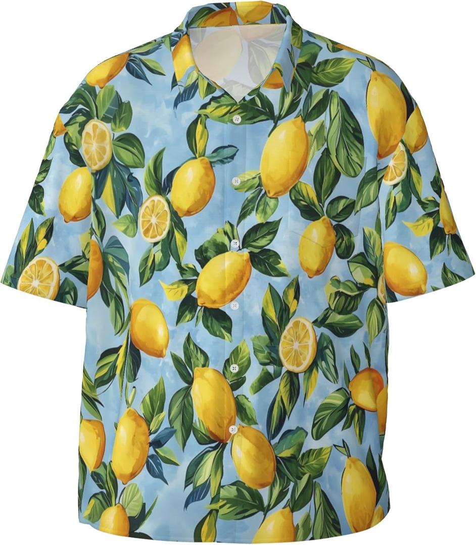 Men's Hawaiian Beach Shirt, Short Sleeve Shirts for Men, Quick-Dry Button Up Shirt (Mediterranean Lemon, XL)