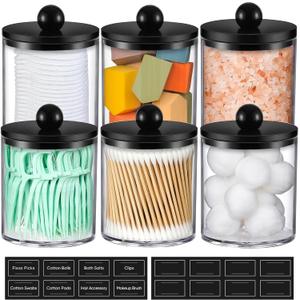 6 Pack Acrylic Qtip Holder Dispenser for Cotton Swabs, Balls, Pads, Floss - Plastic Canister Apothecary Jar Set, Bathroom Essentials Accessories Decor Vanity Makeup Storage Organizer - Clear & Black