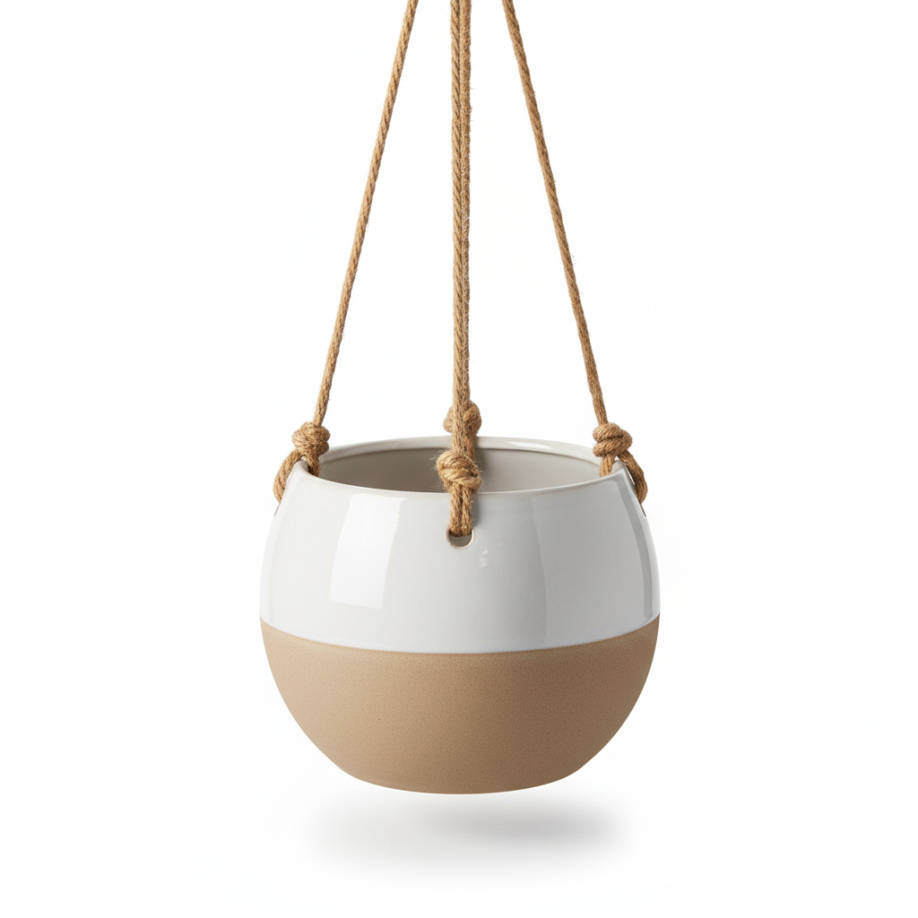 Hanging Planter, Pots, Ceramic Round,Rope Hanger, Indoor outdoor