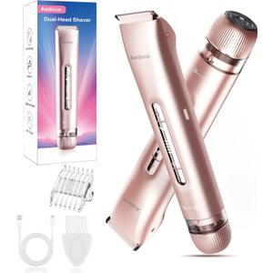 Bikini Trimmer for Women 2 in 1, Dual Head Womens Electric Shaver, Electric Razors for Pubic Hair, IPX7 Waterproof Rechargeable Facial Hair Removal for Shaving Underarm Leg Arm Body Face, Rose Gold
