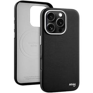 EasyAcc for iPhone 16 Pro Max Leather Case, [Compatible with Magsafe], Luxurious Vegan Leather Magnetic Phone Case, Protective Slim Case with Metal Buttons & Camera Bezel, Anti-Scratch Phone Cover, Black Silver