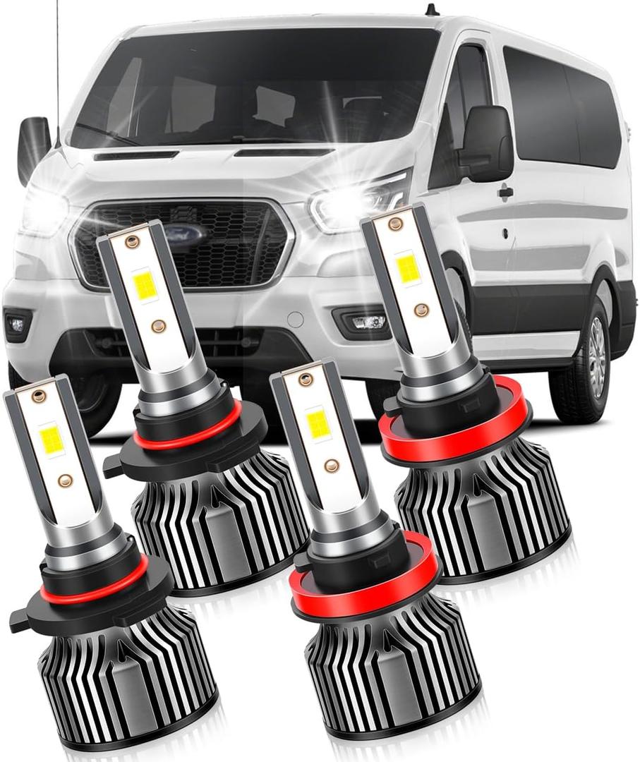 Automotive LED Headlight Bulbs for Ford Transit 150 250 350 (2014-2023), 9005 High Beam & H11 Low Beam, 6000K White with Cooling Fan, 4-Pack