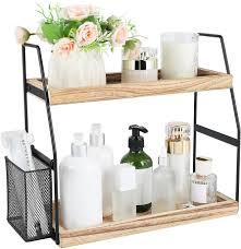 2 Tier Bathroom Counter Organizer with Drawer & Basket, Wooden Vanity Tray Countertop Shelf Accessories for Makeup Storage, Coffee Bar Station, Perfume Skincare, Kitchen, Bedroom (White)