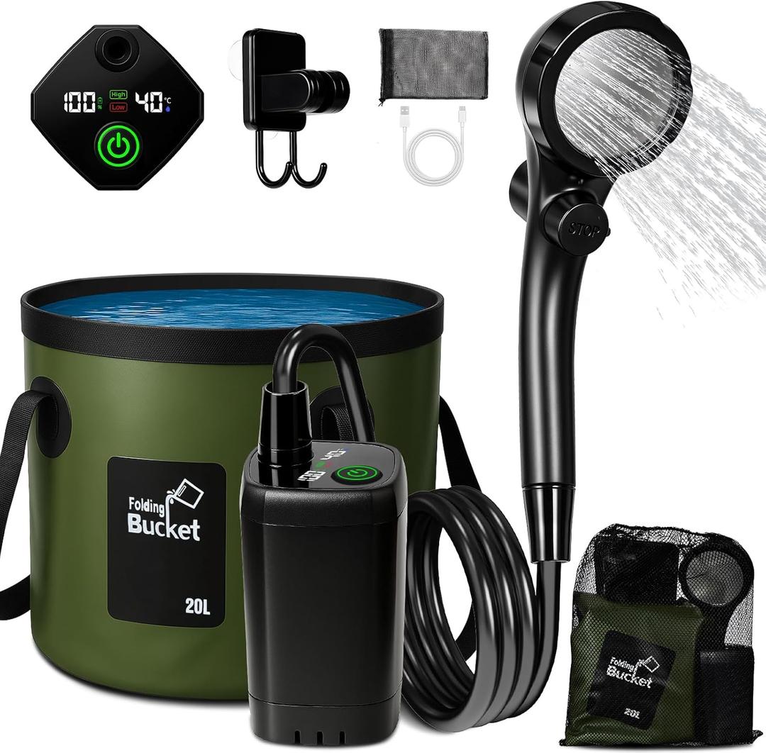 Portable Shower for Camping, 6000mAh Rechargeable Camp Shower Pump with Large Capacity Foldable Bucket, Filtered Shower Head, Outdoor Camping Shower Kit for Travel, Pet Bath, Car Washing (Green)