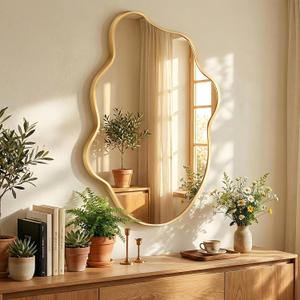 Gold Mirror Irregular Wall Mirror, Asymmetrical Mirror, Irregular Bathroom Mirror, Decorative Wall Mirror, Wavy Abstract Mirror for Bedroom, Bathroom & Hallway (24"x36", 1 Pack)