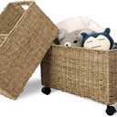 PEMAR Set 2 Nesting Natural Wicker Rolling Storage Baskets on Wheels w Insert Handles, Under Table Under Desk Woven Storage Bins, Mobile File Cabinet Organiser (Seagrass, Sizes M, L Nesting)