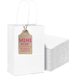qiqee 50-Packs White Paper Gift Bags with Handles Bulk 4.5"x2.5"x6" Mini Size Party Favor Bags Multiple Uses