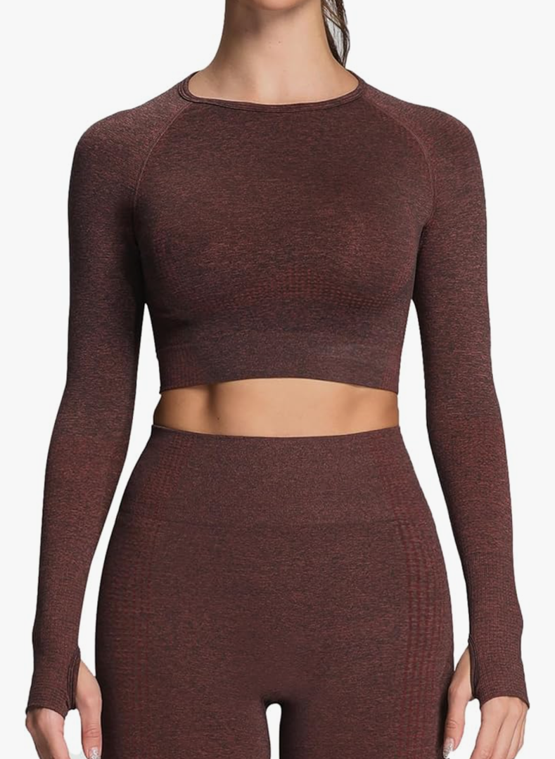 Aoxjox Long Sleeve Crop Tops for Women Workout Seamless Cropped T Shirt Top, Size S