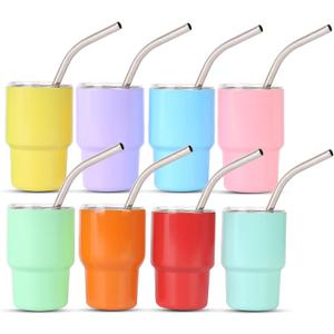 Primo Lines 8 Pack Mini Tumbler with Straw, 3oz Mini Tumbler Shot Glass with Lid, Colored Small Stainless Steel Insulated Sublimation Shot Glasses for Bachelorette Wedding Party Hot & Cold