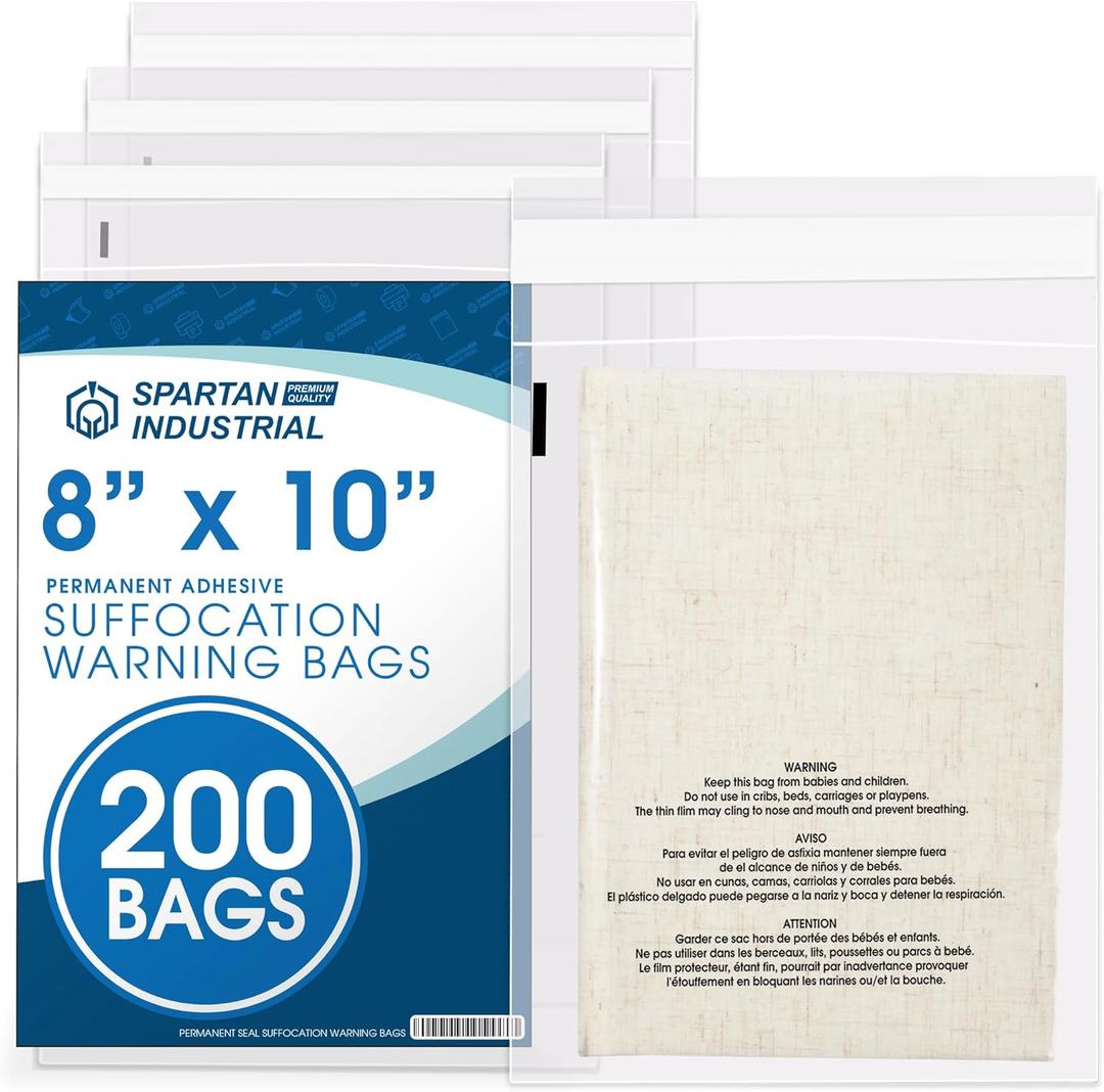 Spartan Industrial - 8 X 10 (200 Count) Self Seal Clear Poly Bags with Suffocation Warning for Packaging, Clothing, and Fulfillment - Permanent Adhesive