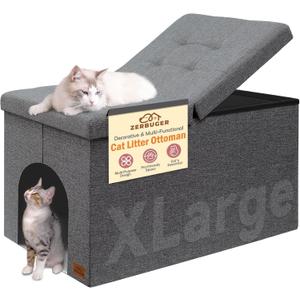 Zerbuger Cat Litter Box Enclosure Furniture for Odor Control, Hidden Cabinet Cats Litter Ottoman with Flip-Up Lid,Cat Litter Box Bench with Storage Space, Dog Proof(Grey, X-Large)