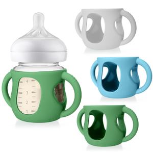 Juome Silicone Sleeves with Handles for Avent Natural Glass Baby Bottle - 3 Pack Anti Breakage Holder for Phillips Avent Baby Bottles, Compatible with Philips Avent Anti Colic Baby Bottles 4 oz (grey+green+blue)