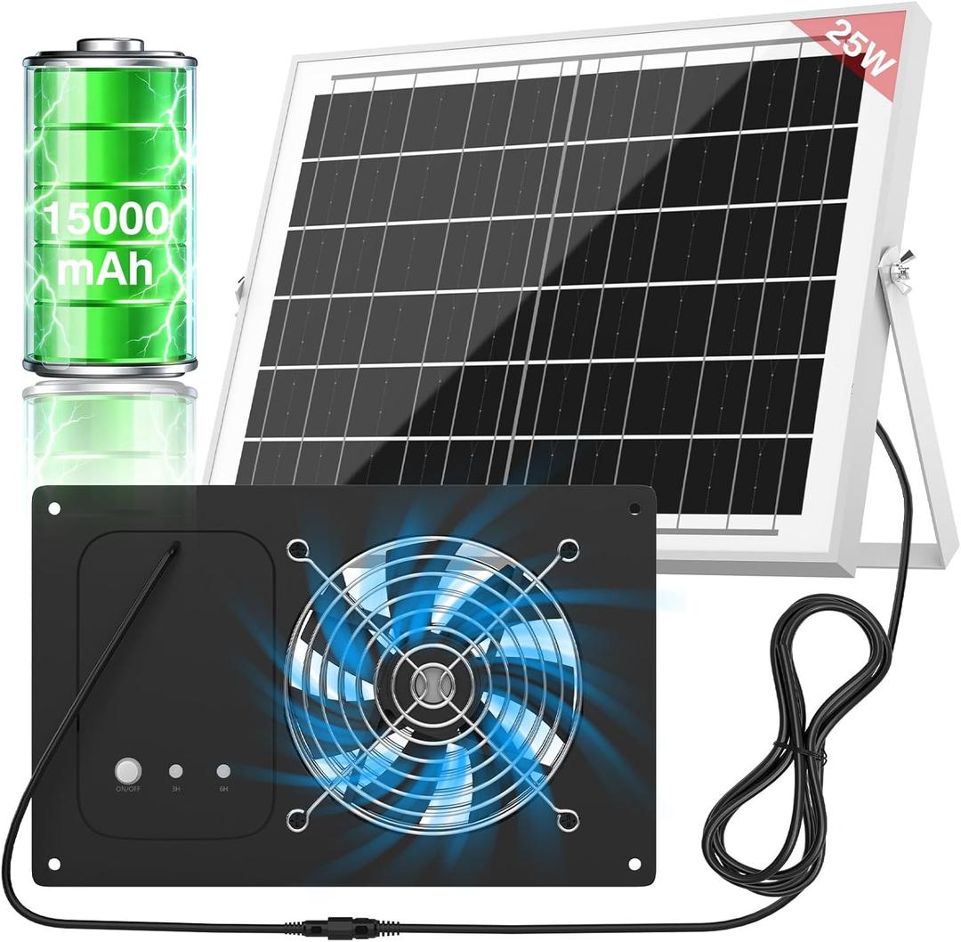 Solar Powered Fan with 15000mAh Battery & Timer, 25W 3500RPM High-Speed Solar Exhaust Fan, Low Noise Waterproof Ventilation for Chicken Coop, Greenhouse, Shed, Pet House & Window (11 inches)