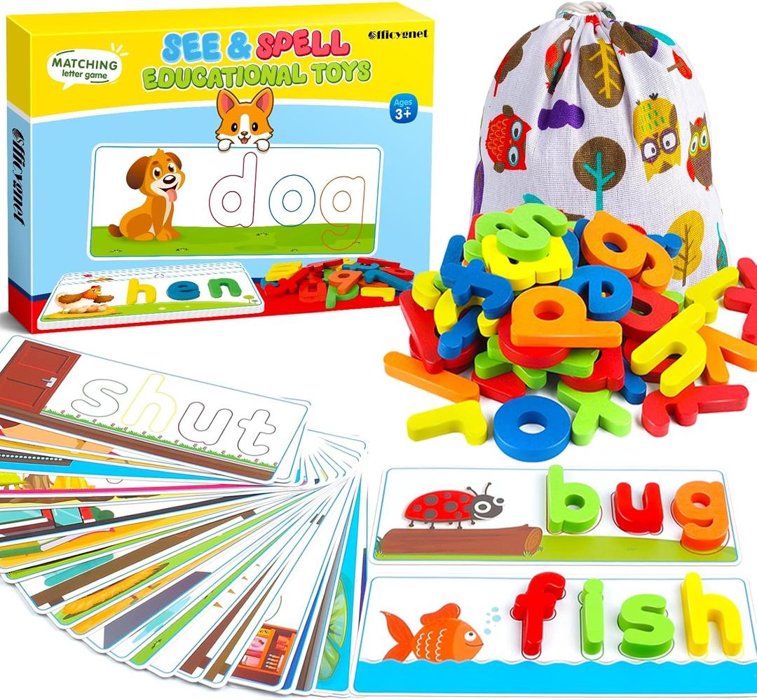 Officygnet Learning Toys for 3 4 5 6 Years Old Boys and Girls, See & Spell CVC Word Builders with Alphabet Cards for Kids Ages 3-5, Matching Letter Game for Preschool Toddler Learning Activities