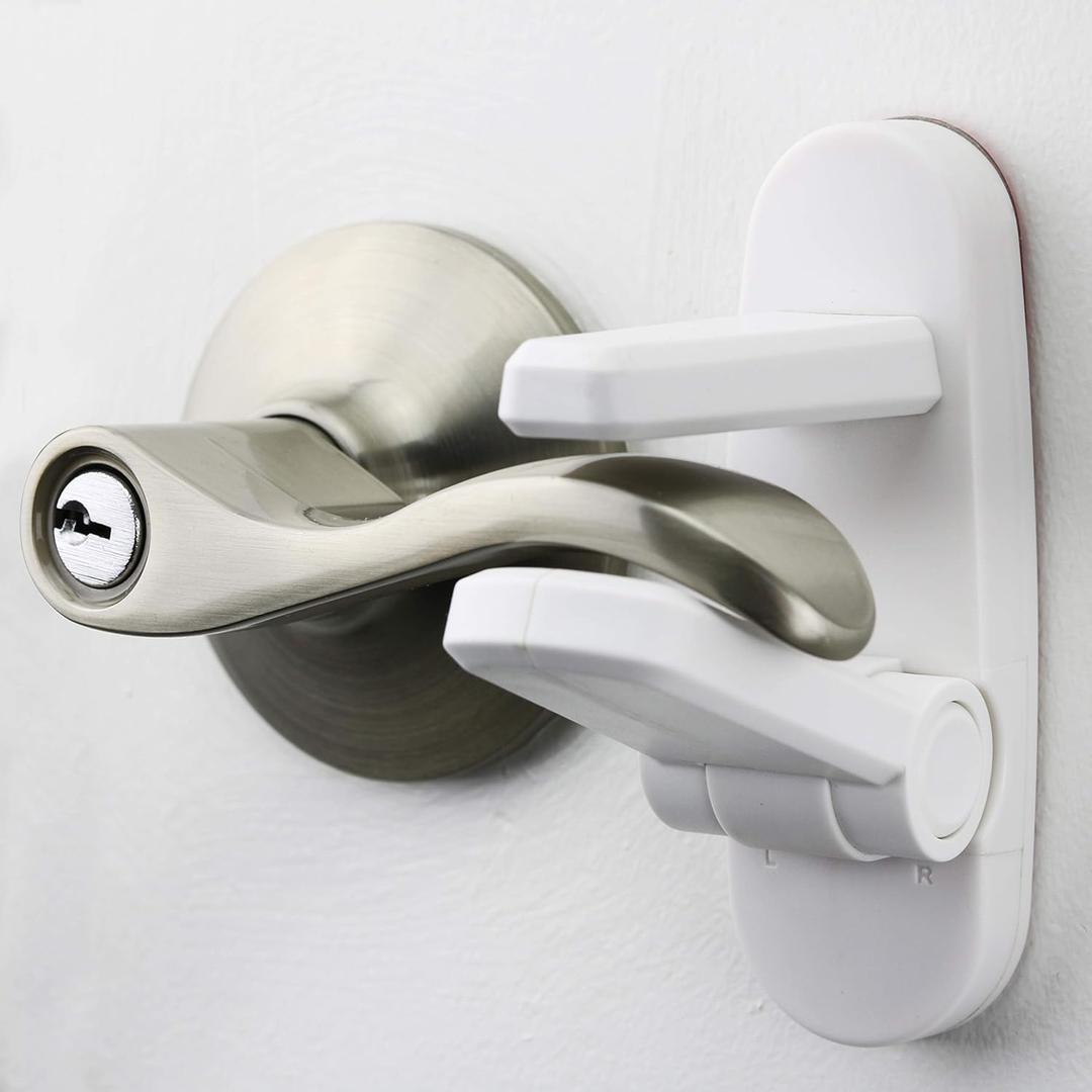 Door Lever Locks (4 Pack) - Prevents Toddlers from Opening Doors - Durable ABS with 3M Adhesive - Easy One-Hand Operation for Adults, No Tools Needed (White)