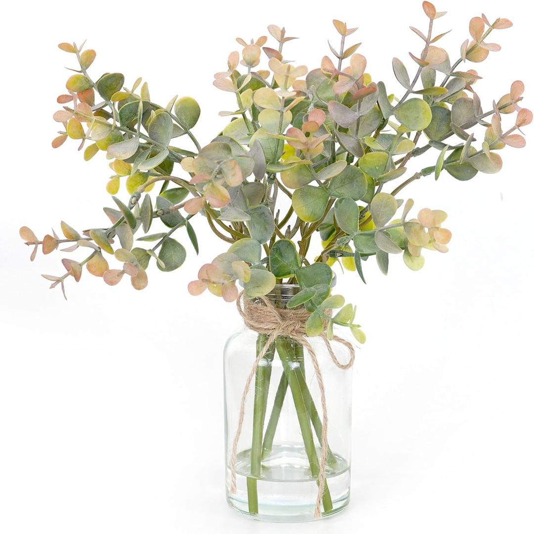 Artificial Eucalyptus Stems in Glass Vase with Faux Water,6Pcs Fake Plant Grey-Orange Eucalyptus for Centerpiece (Grey-Orange Eucalyptus)
