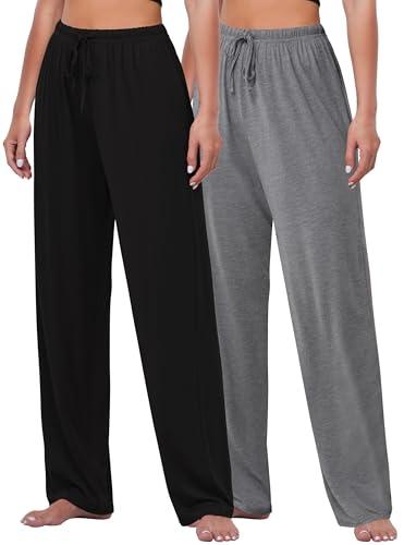 FEQO 2 Pack Women's Lounge Pants Wide Leg Yoga Pants Soft Pajama Bottoms Casual Loose Sweatpants Drawstring Yoga Pants, Size: 2XL (Black,Gray)