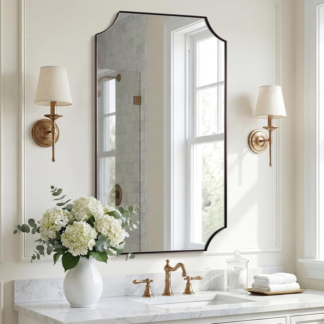 ANDY STAR Brushed Bronze Mirror, 24"x40" Bathroom Vanity Mirror, Scalloped Rectangle Mirror with Rust-Proof Stainless Steel 1" Frame, Hangs Vertically or Horizontally
