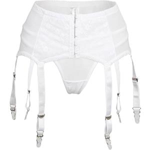 ohyeah Plus Size High Waist Garter Belt Set Lace Mesh Suspender Belt with 6 Vintage Metal Clip for Stockings (Medium-Large, White)