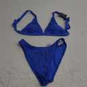 ZAFUL Women's Sexy Two Piece Swimwear Textured Triangle Plunging Neck High Cut Cheeky Bikini Set Solid Color Swimsuit (Blue)