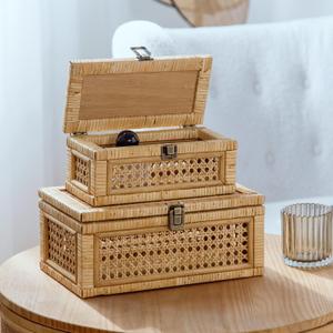 Rattan Decorative Box with Lid, Set of 2 Wicker Storage Baskets, Rectangular Woven Stacking Display Boxes with Glass Top, Large Natural Cane and Wood Storage Bins for Home Decor, Boho Shelf Organizer