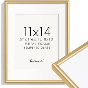 Fun Memories Gold 11x14 Picture Frame, Aluminum Metal Frame 14.25x11.22in with Mat for 8x10, Modern Picture Frame with Tempered Real Glass