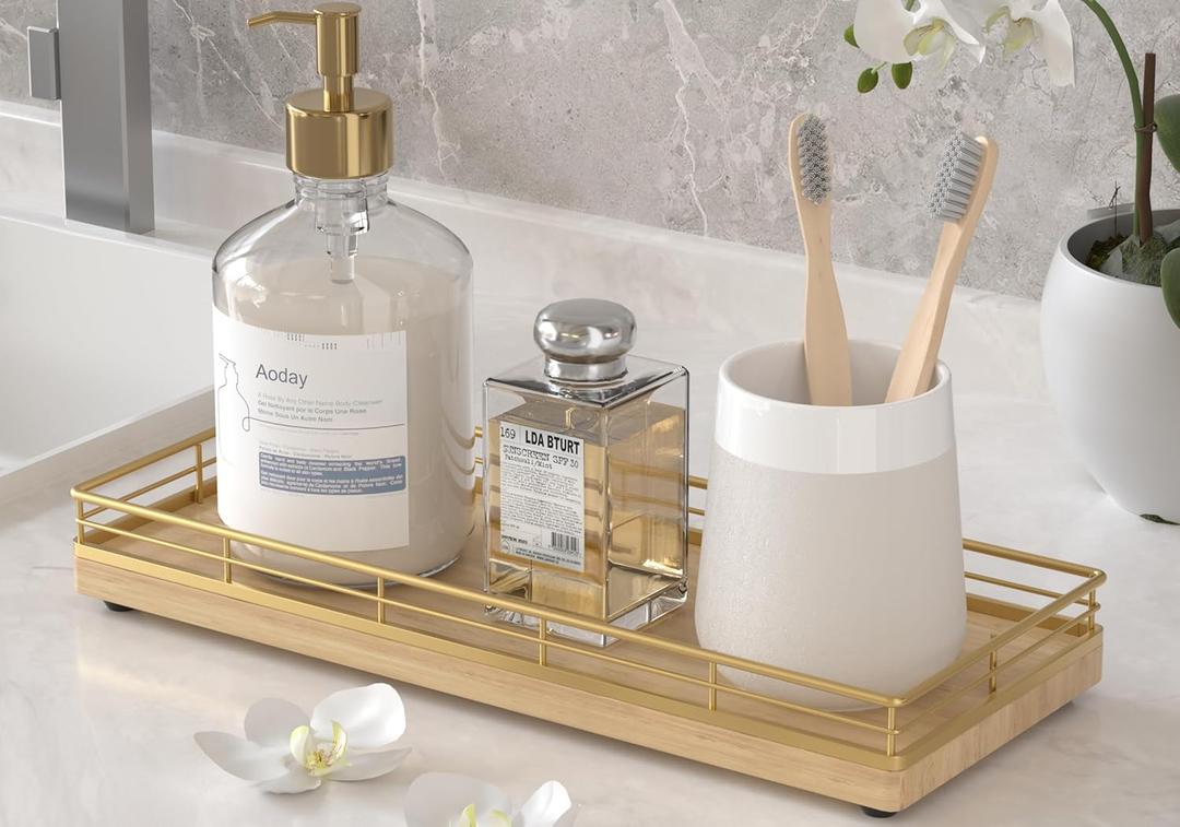 Wooden Decorative Tray, Oak 11.2" L Kitchen Countertop Soap Sponge Holder for Dresser Perfume Tray Jewelry Candle Nightstand Table Centerpieces for Dining Room Decor Natural (11" x 4.3" x 1.5")